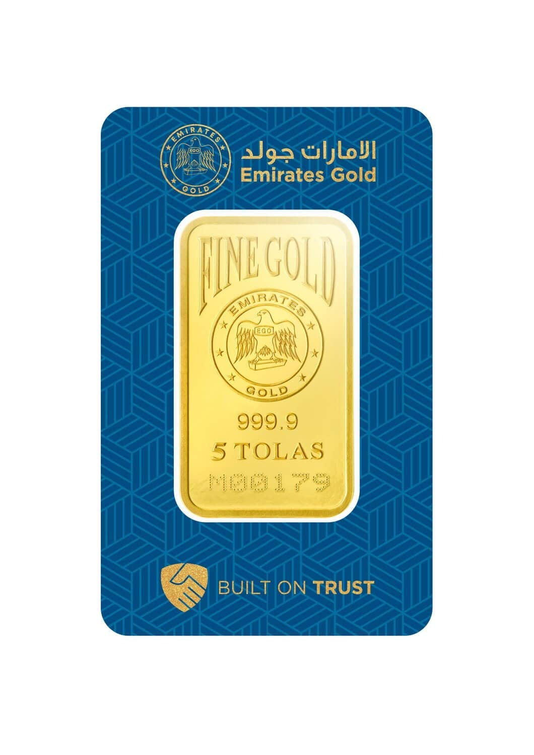 Emirates Gold minted gold bar — 5 tolas — manufacturer product photograph