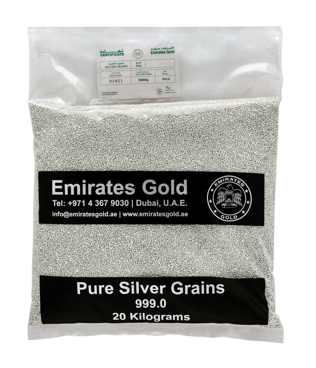 Emirates Gold 20 kg fine silver grains — manufacturer product photograph