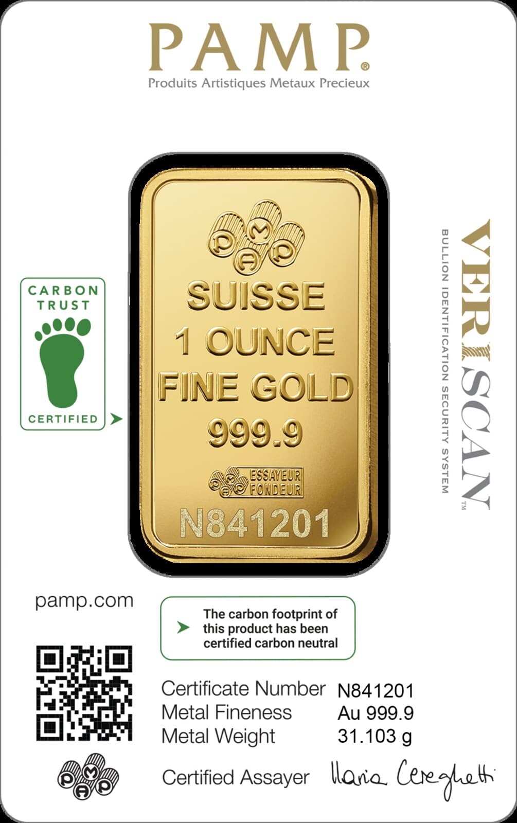 PAMP Lady Fortuna gold minted bar — 1 oz, carbon-neutral — manufacturer product photograph