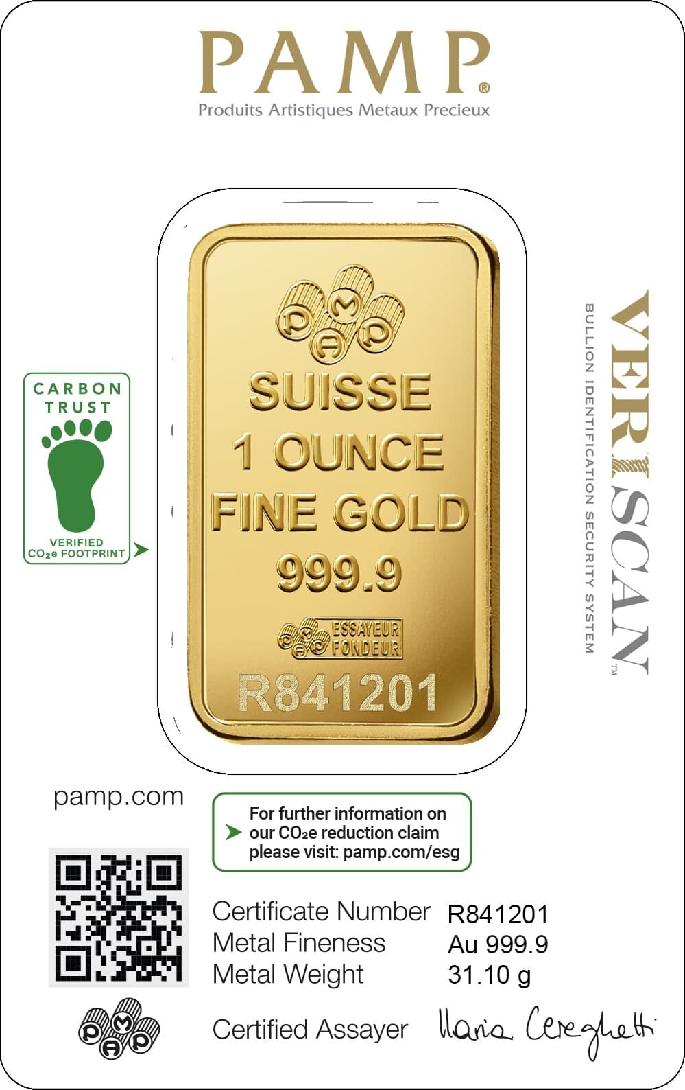 PAMP Lady Fortuna gold minted bar — 1 oz, carbon-reduced — manufacturer product photograph