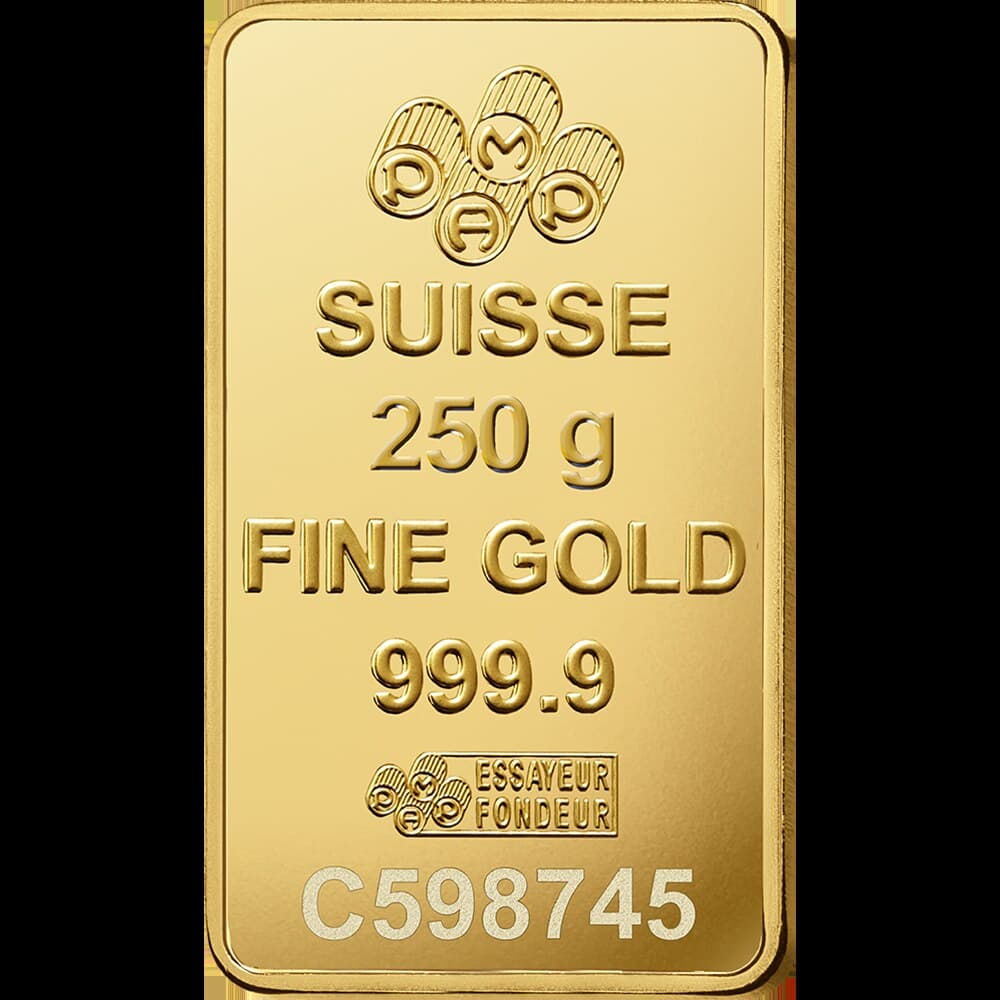 PAMP Lady Fortuna gold minted bar — 250 g — manufacturer product photograph
