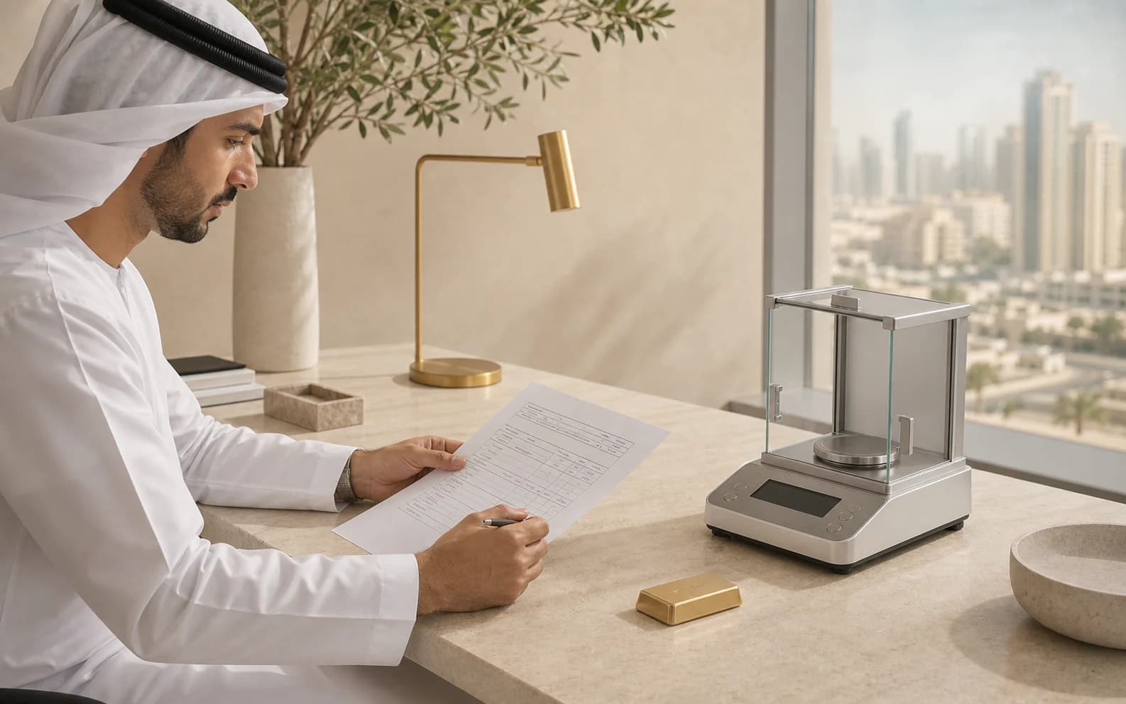 Professional reviewing an assay document beside a precision scale in a Dubai office