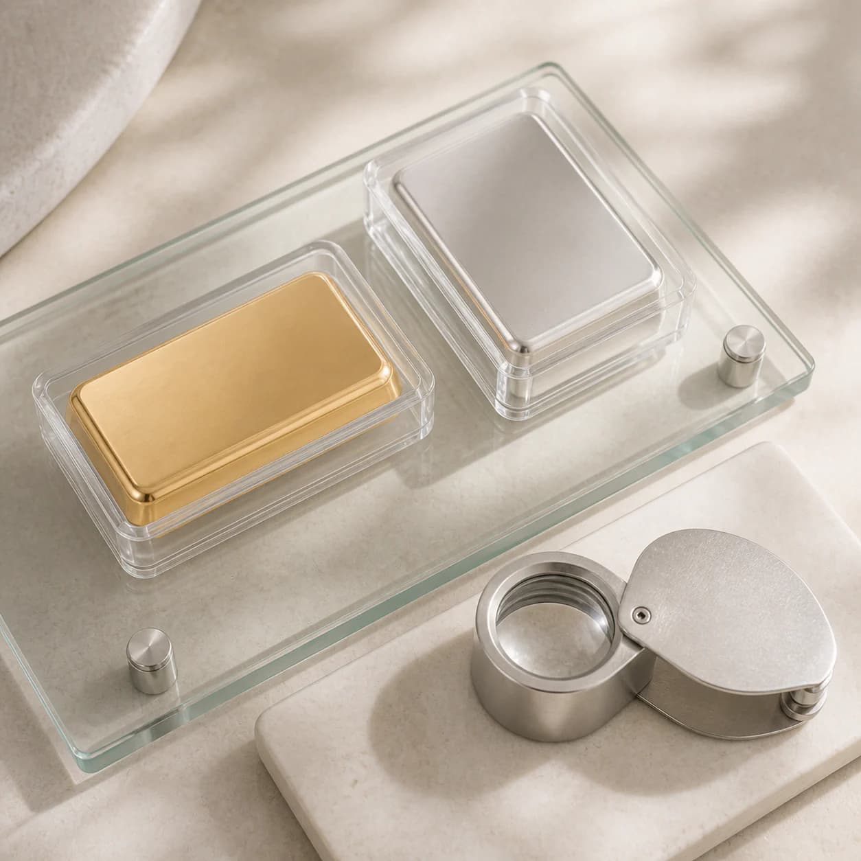 Gold and silver bullion bars in protective clear cases