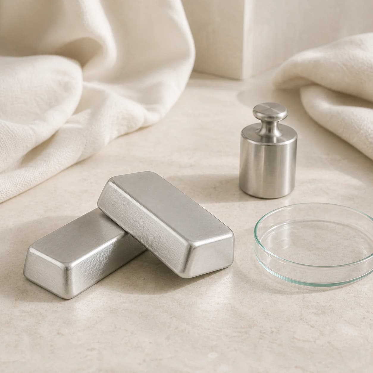 Two fine-silver bars with a calibration weight and glass weighing dish