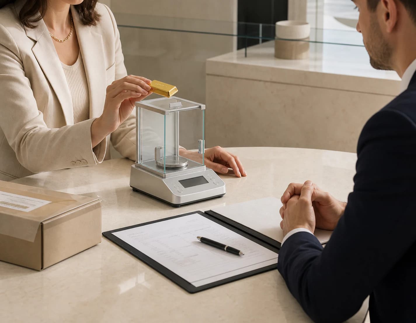 Professional counterparties reviewing a gold sample and transaction documents