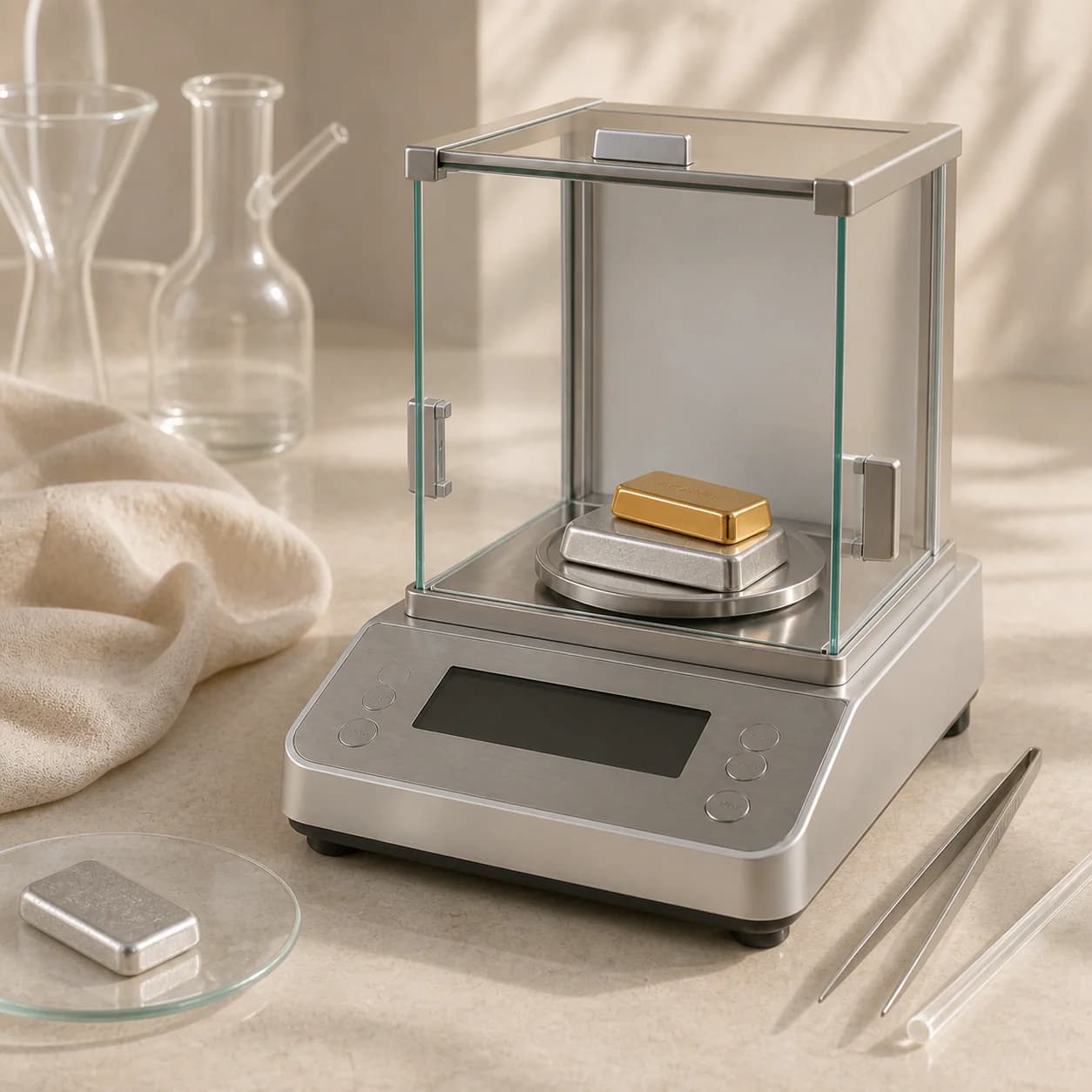 Gold and silver bullion on a precision laboratory scale