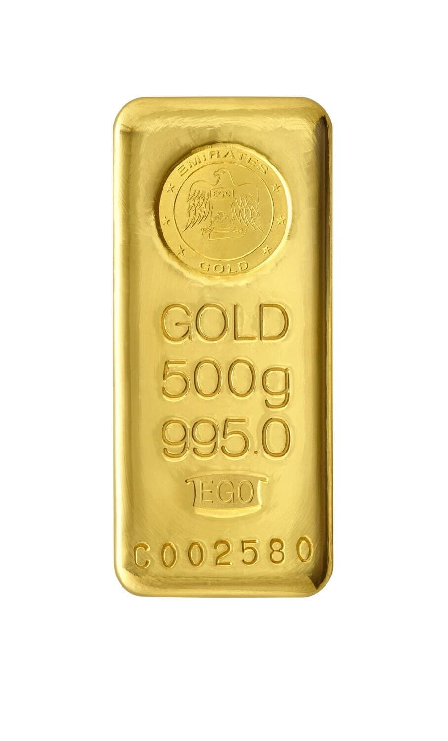 Emirates Gold 500 g gold cast bar (995.0) — manufacturer product photograph