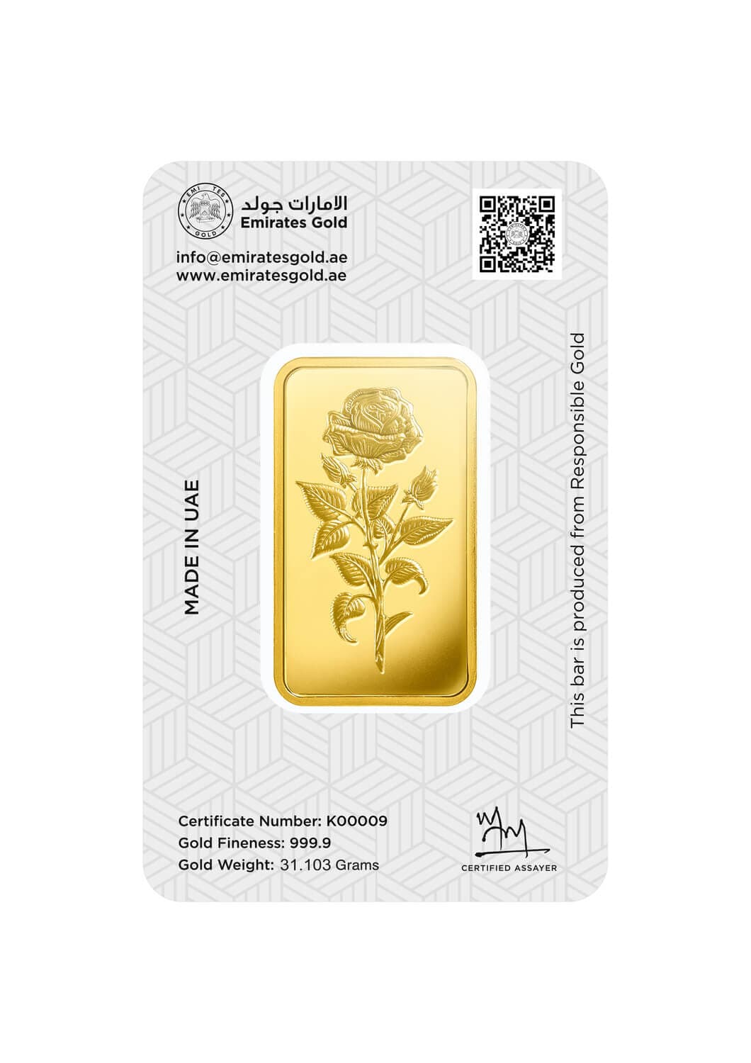 Emirates Gold minted gold bar — 1 oz — manufacturer product photograph