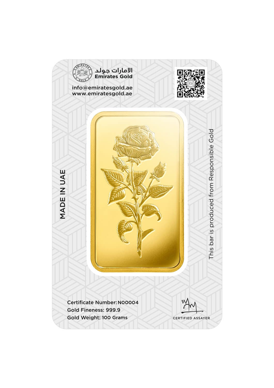 Emirates Gold minted gold bar — 100 g — manufacturer product photograph