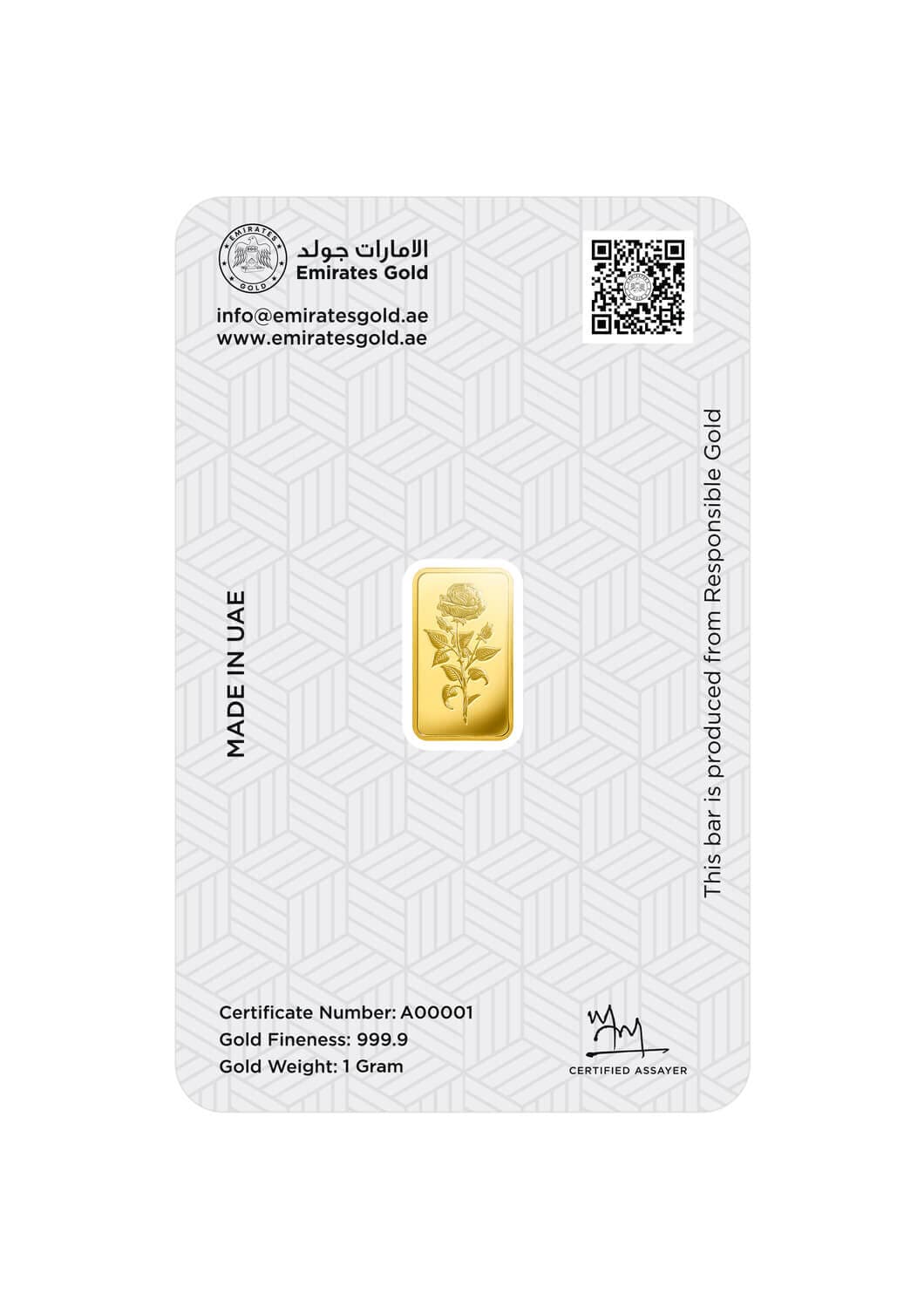 Emirates Gold minted gold bar — 1 g — manufacturer product photograph