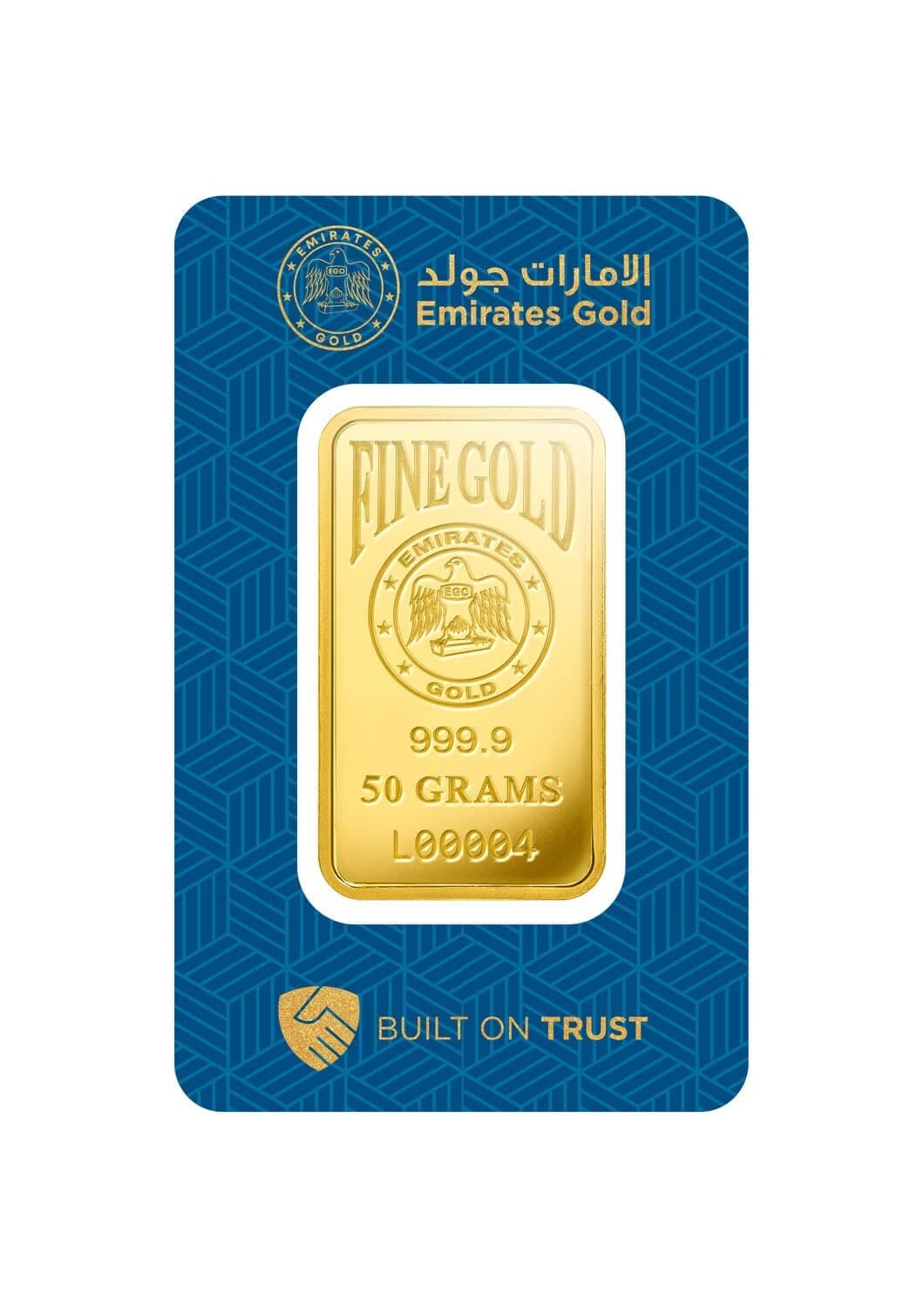Emirates Gold minted gold bar — 50 g — manufacturer product photograph