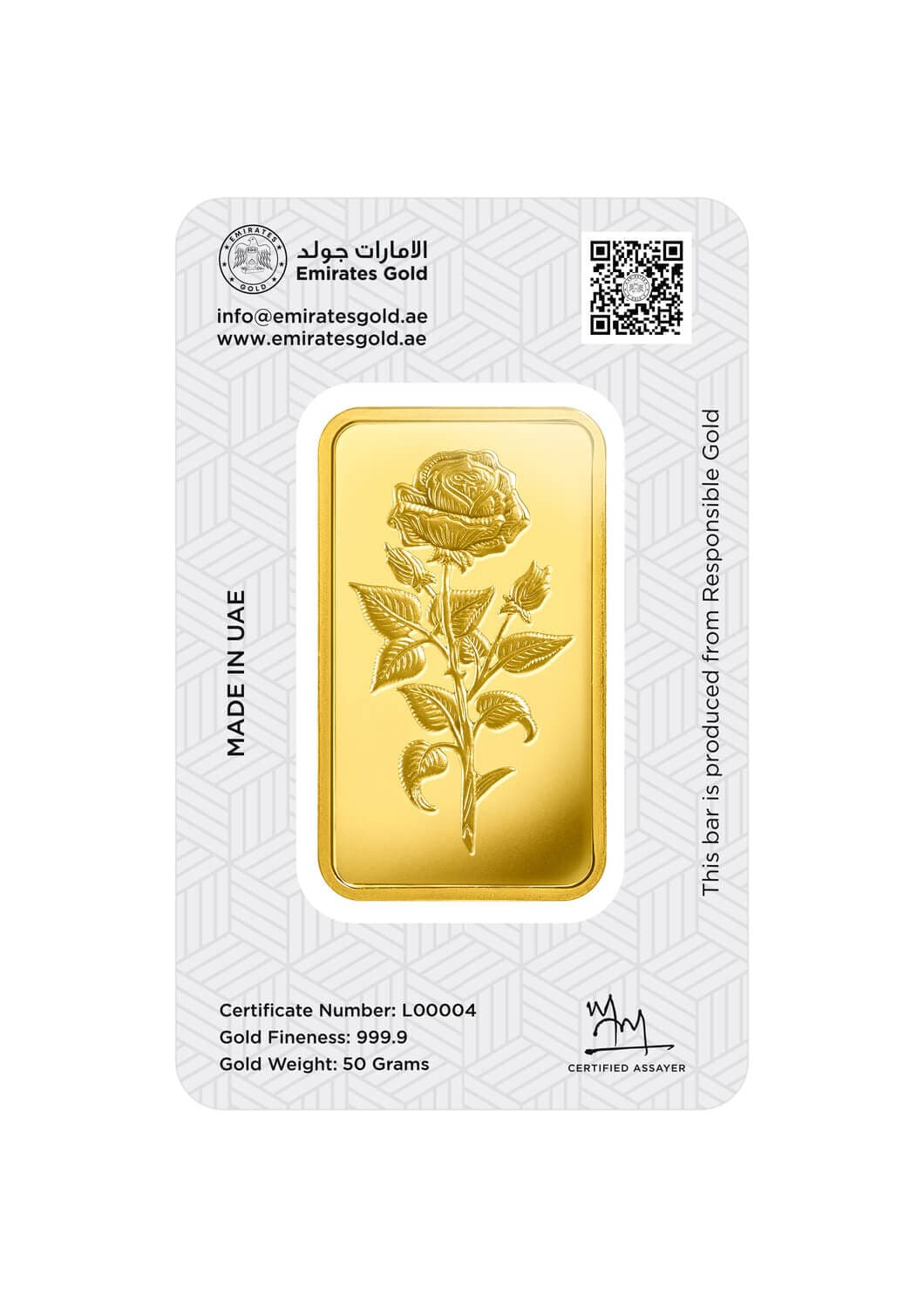 Emirates Gold minted gold bar — 50 g — manufacturer product photograph