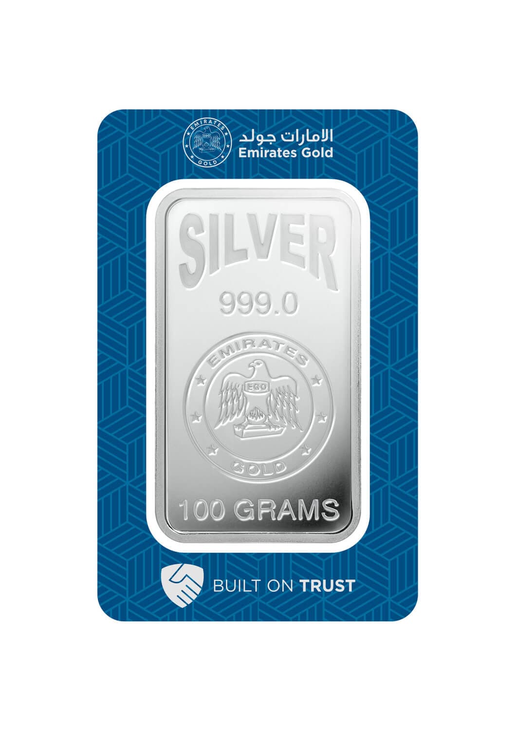 Emirates Gold minted silver bar — 100 g — manufacturer product photograph