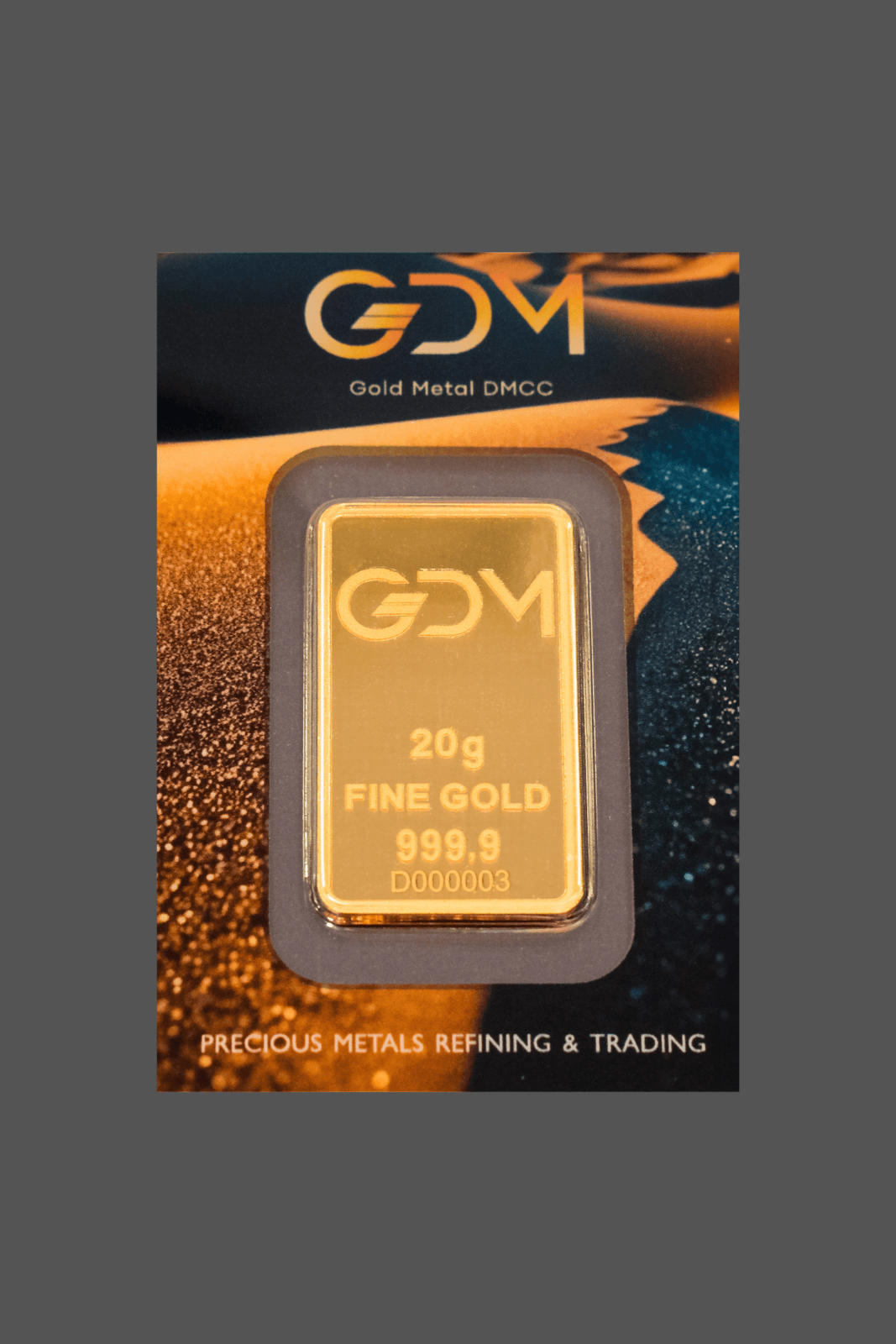 Gold Metal DMCC 20 g gold blister bar — manufacturer product photograph