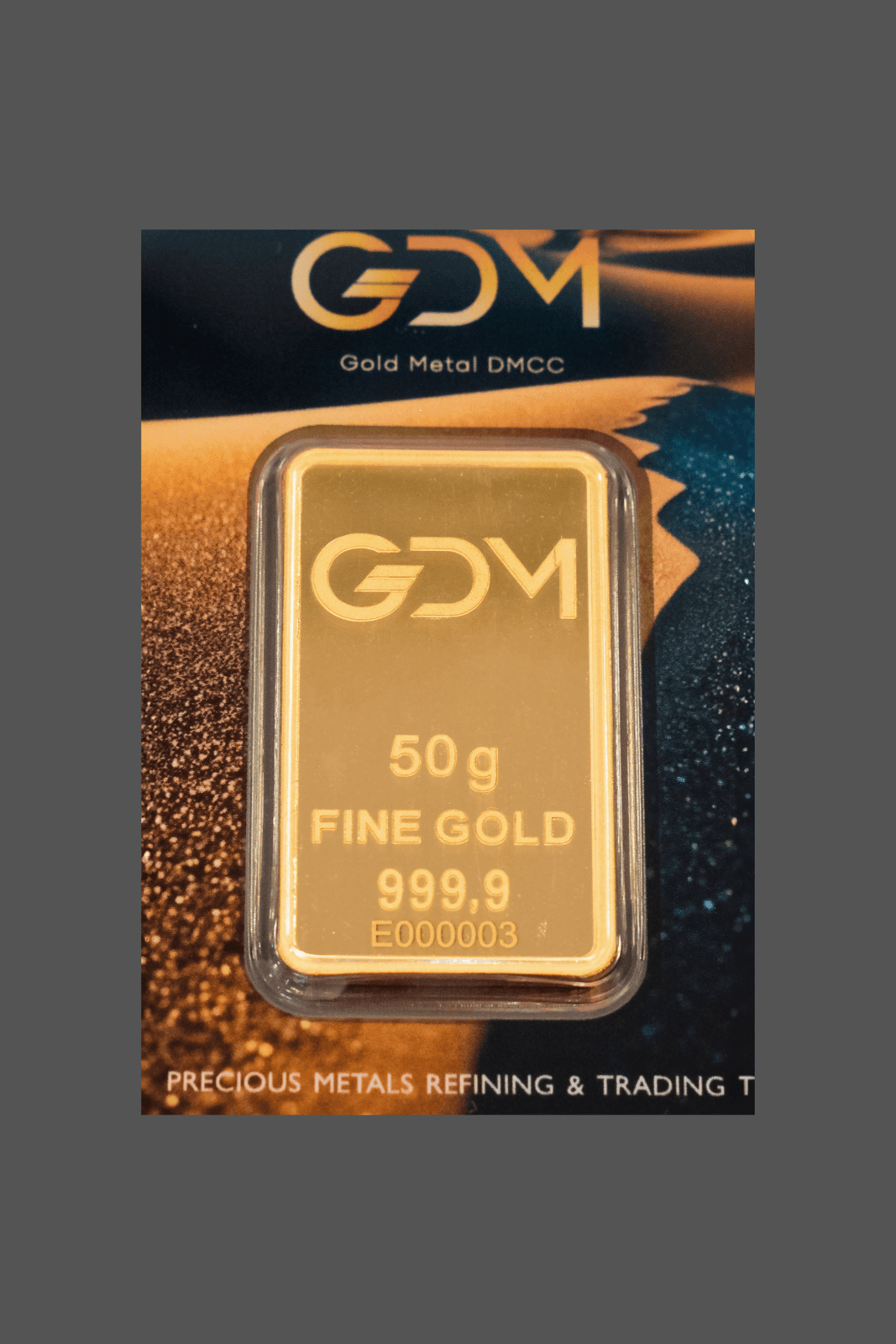 Gold Metal DMCC 50 g gold blister bar — manufacturer product photograph