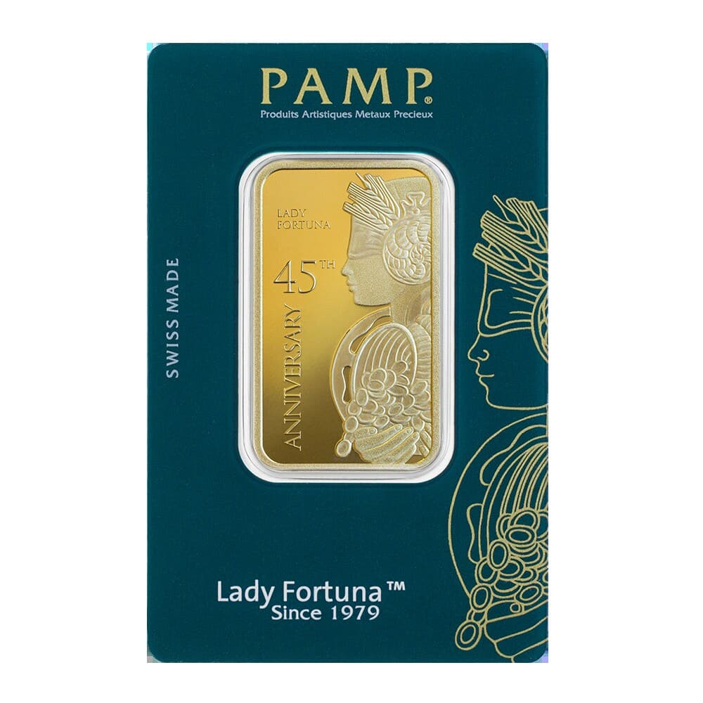 PAMP Lady Fortuna 45th anniversary 1 oz gold bar — manufacturer product photograph