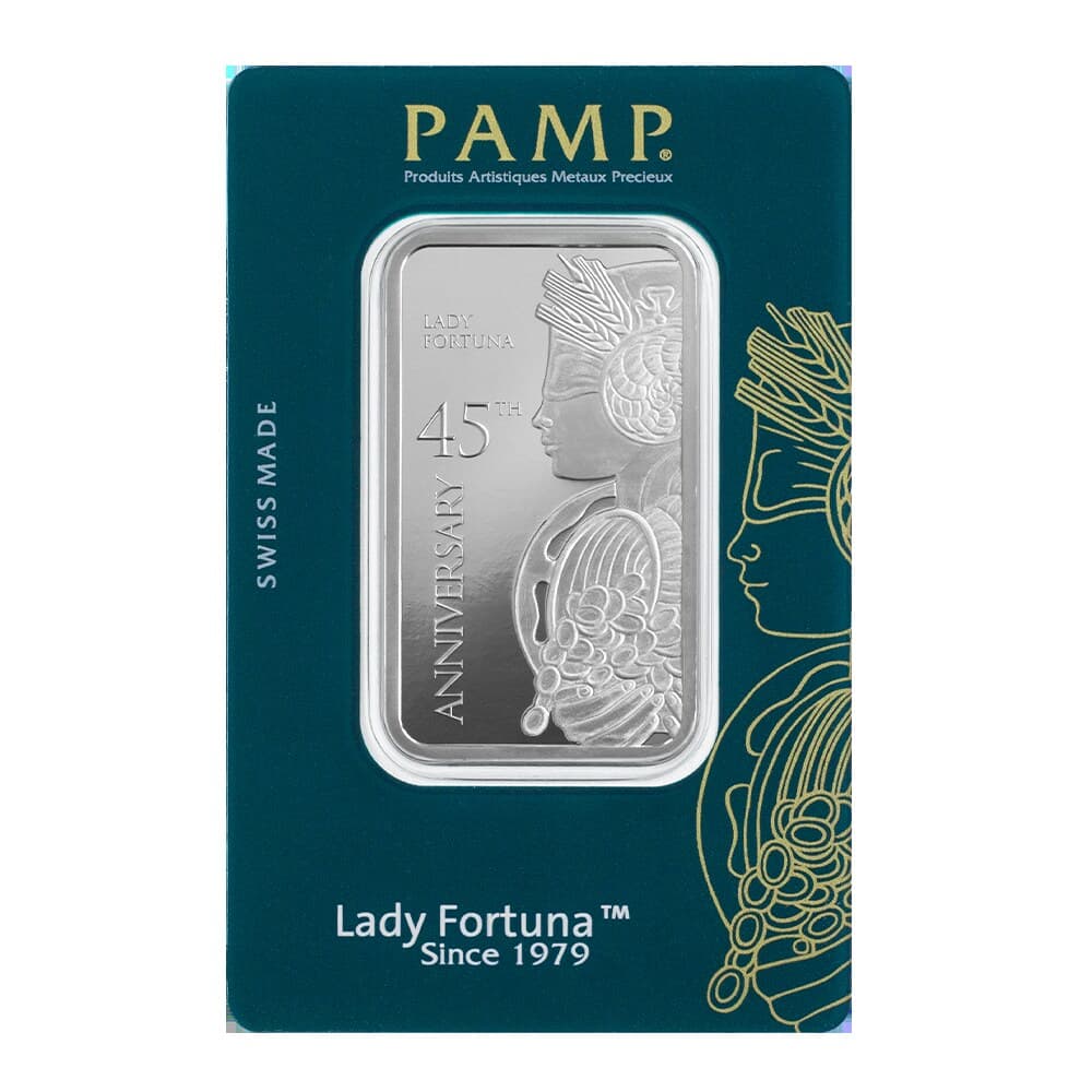 PAMP Lady Fortuna 45th anniversary 1 oz silver bar — manufacturer product photograph
