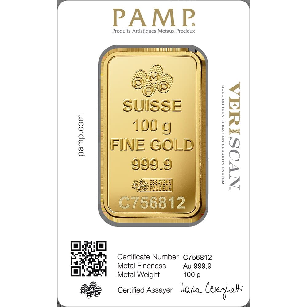 PAMP Lady Fortuna gold minted bar — 100 g — manufacturer product photograph