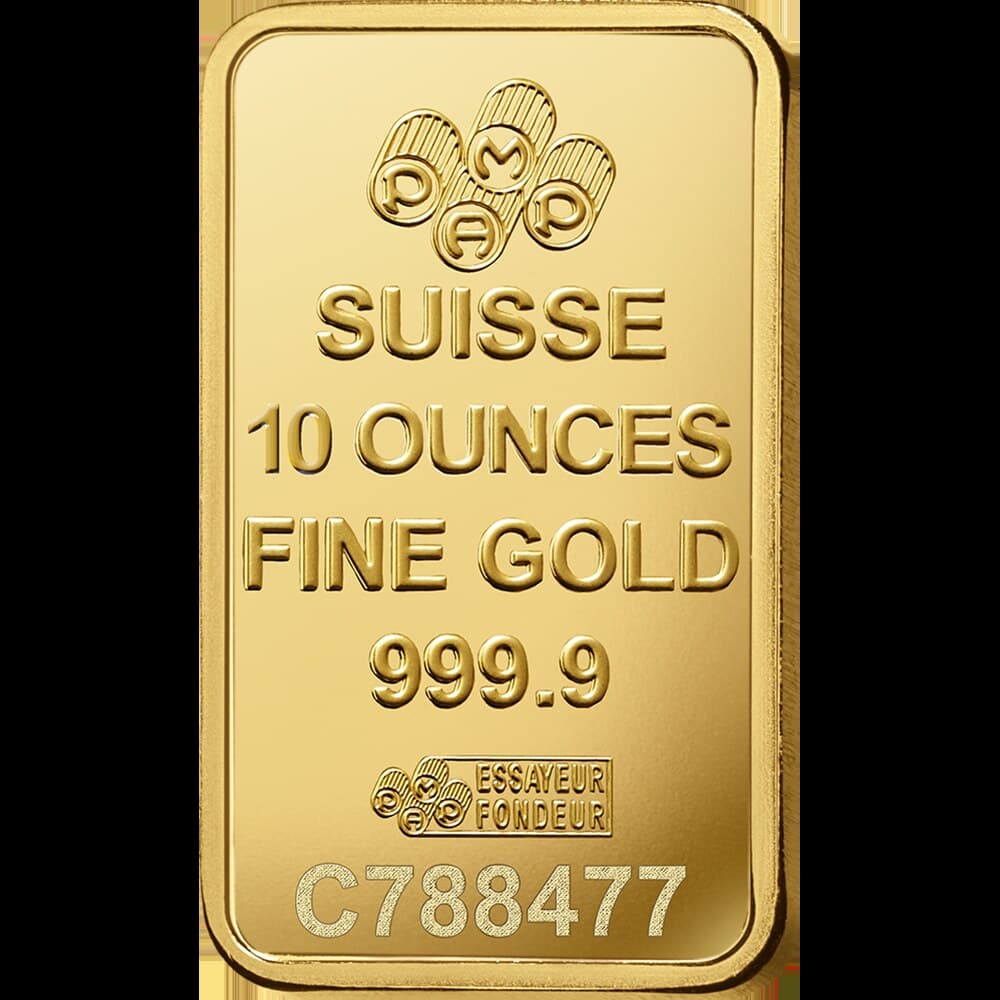 PAMP Lady Fortuna gold minted bar — 10 oz — manufacturer product photograph