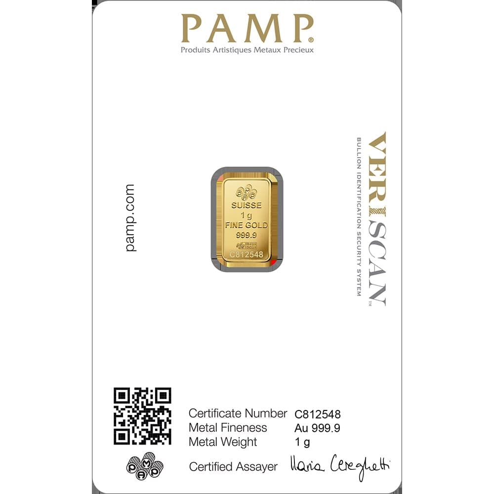 PAMP Lady Fortuna gold minted bar — 1 g — manufacturer product photograph