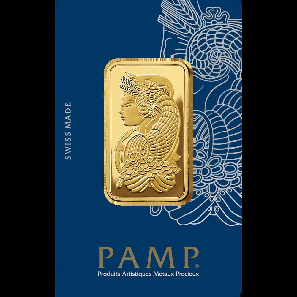 PAMP Lady Fortuna gold minted bar — 1 oz — manufacturer product photograph
