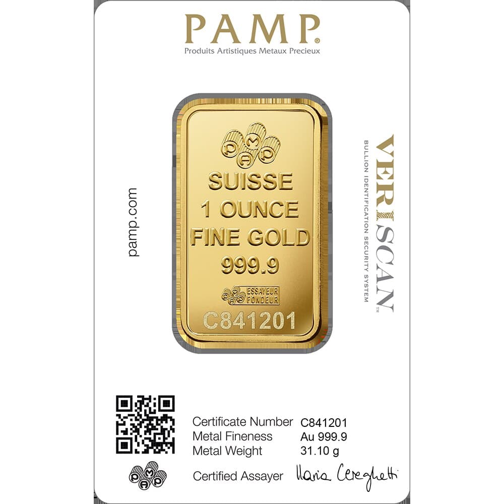 PAMP Lady Fortuna gold minted bar — 1 oz — manufacturer product photograph