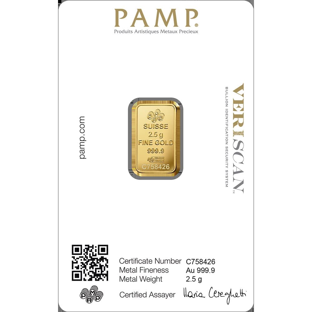 PAMP Lady Fortuna gold minted bar — 2.5 g — manufacturer product photograph
