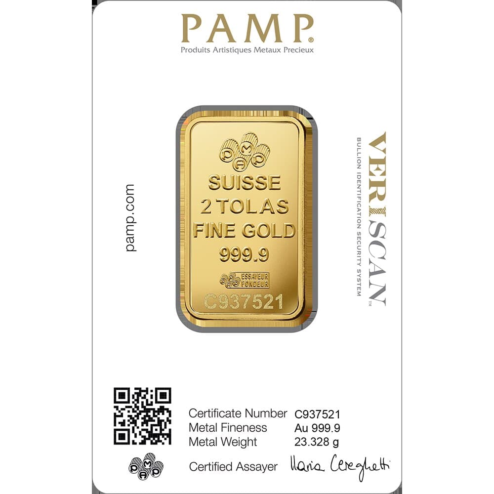 PAMP Lady Fortuna gold minted bar — 2 tolas — manufacturer product photograph