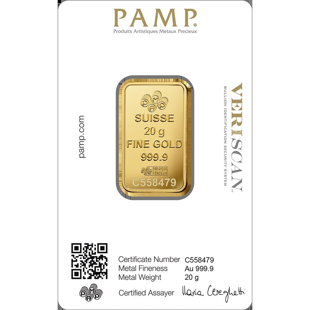 PAMP Lady Fortuna gold minted bar — 20 g — manufacturer product photograph