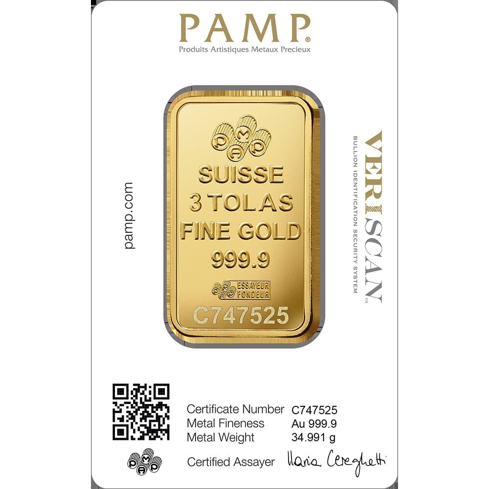 PAMP Lady Fortuna gold minted bar — 3 tolas — manufacturer product photograph