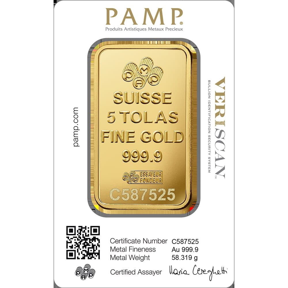 PAMP Lady Fortuna gold minted bar — 5 tolas — manufacturer product photograph