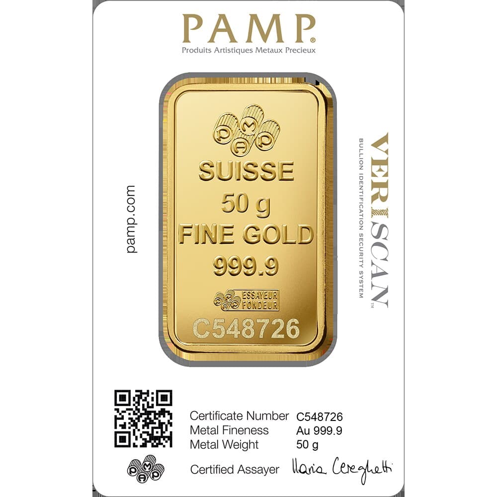 PAMP Lady Fortuna gold minted bar — 50 g — manufacturer product photograph