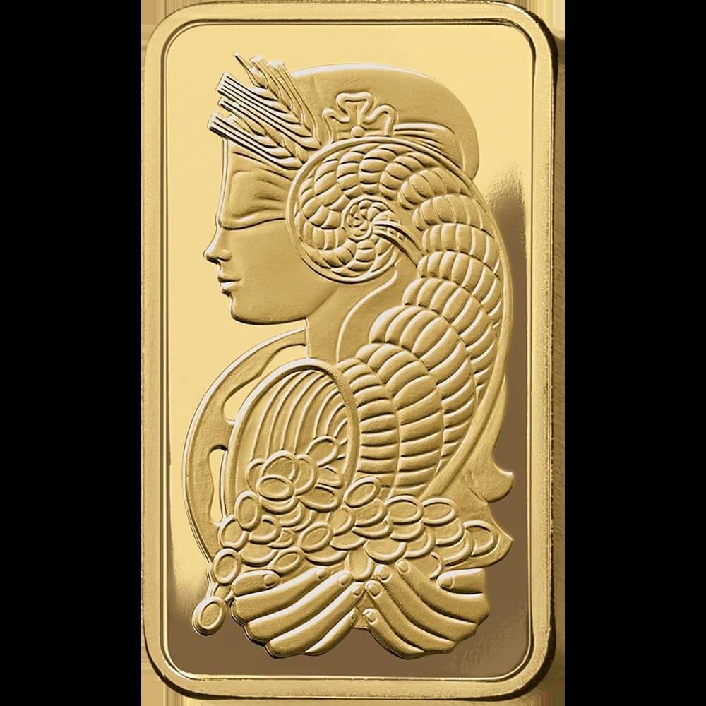 PAMP Lady Fortuna gold minted bar — 5 oz — manufacturer product photograph
