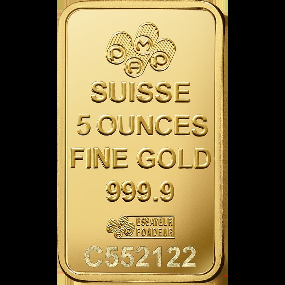 PAMP Lady Fortuna gold minted bar — 5 oz — manufacturer product photograph