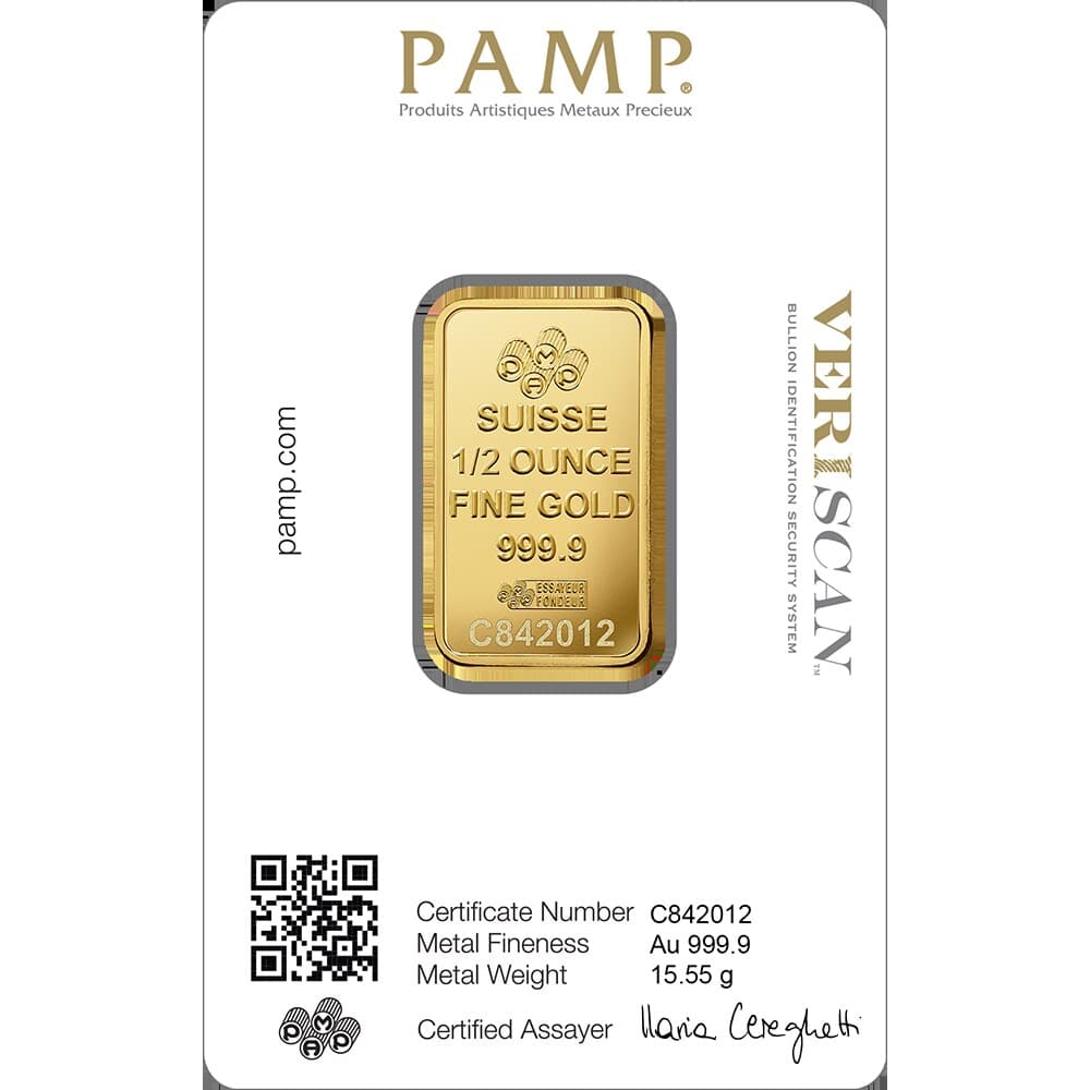 PAMP Lady Fortuna gold minted bar — ½ oz — manufacturer product photograph