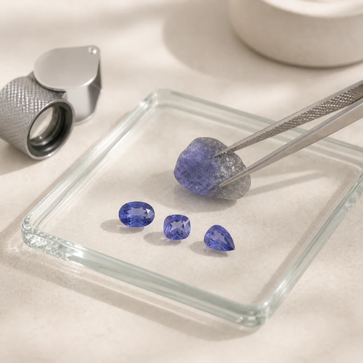 Cut and rough tanzanite stones being examined with gem tweezers