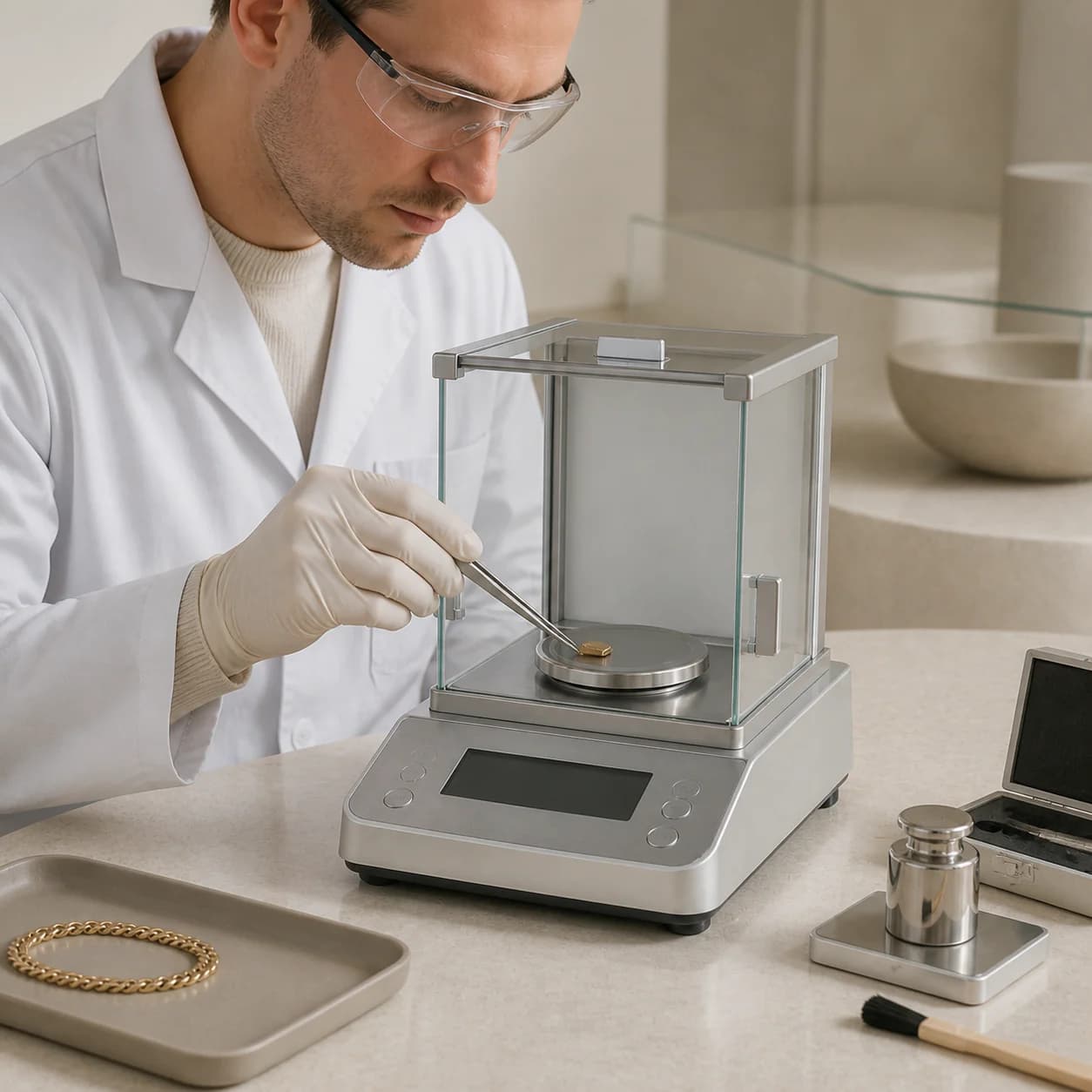 Laboratory professional weighing a small precious-metal sample