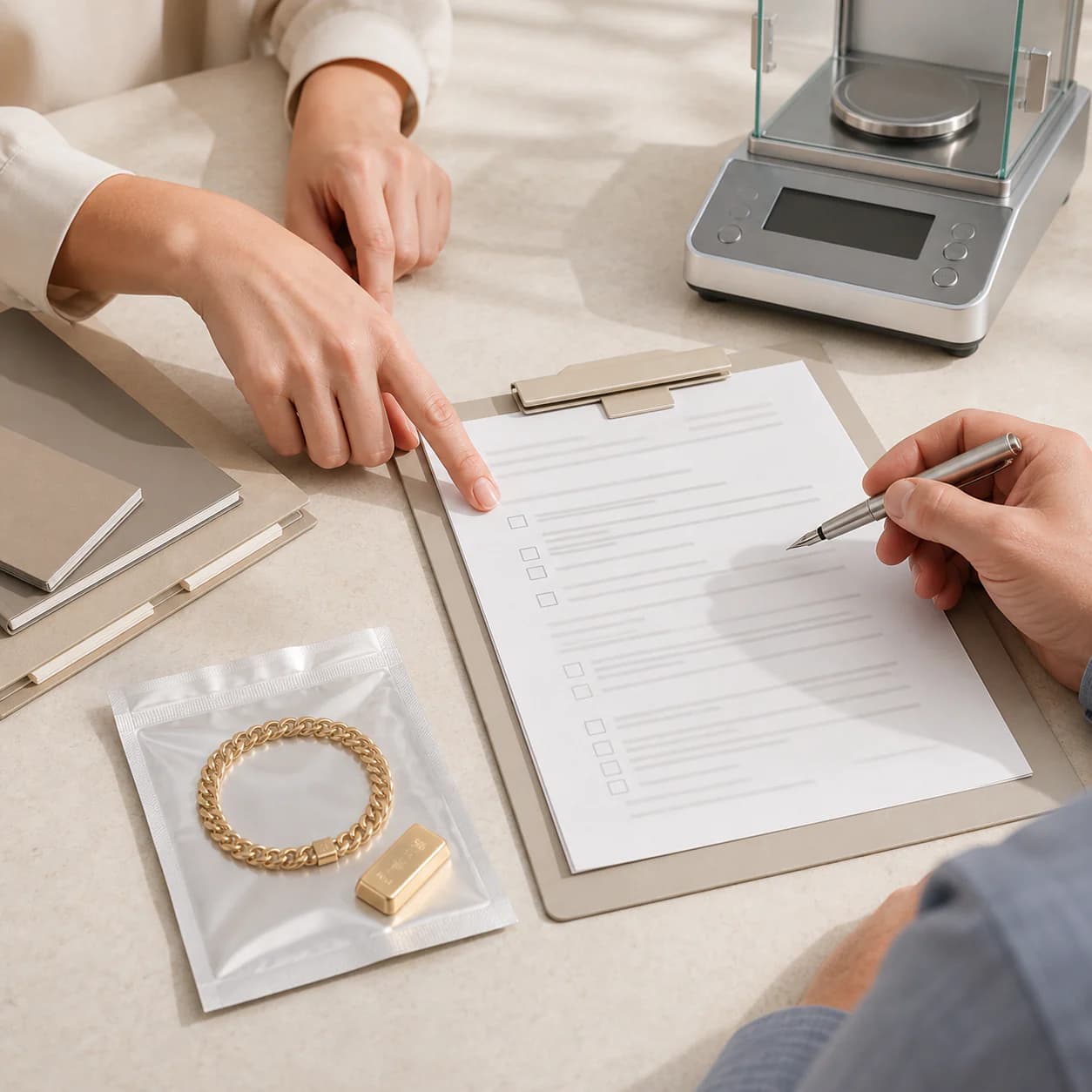 Professionals reviewing a transaction checklist and sealed gold sample