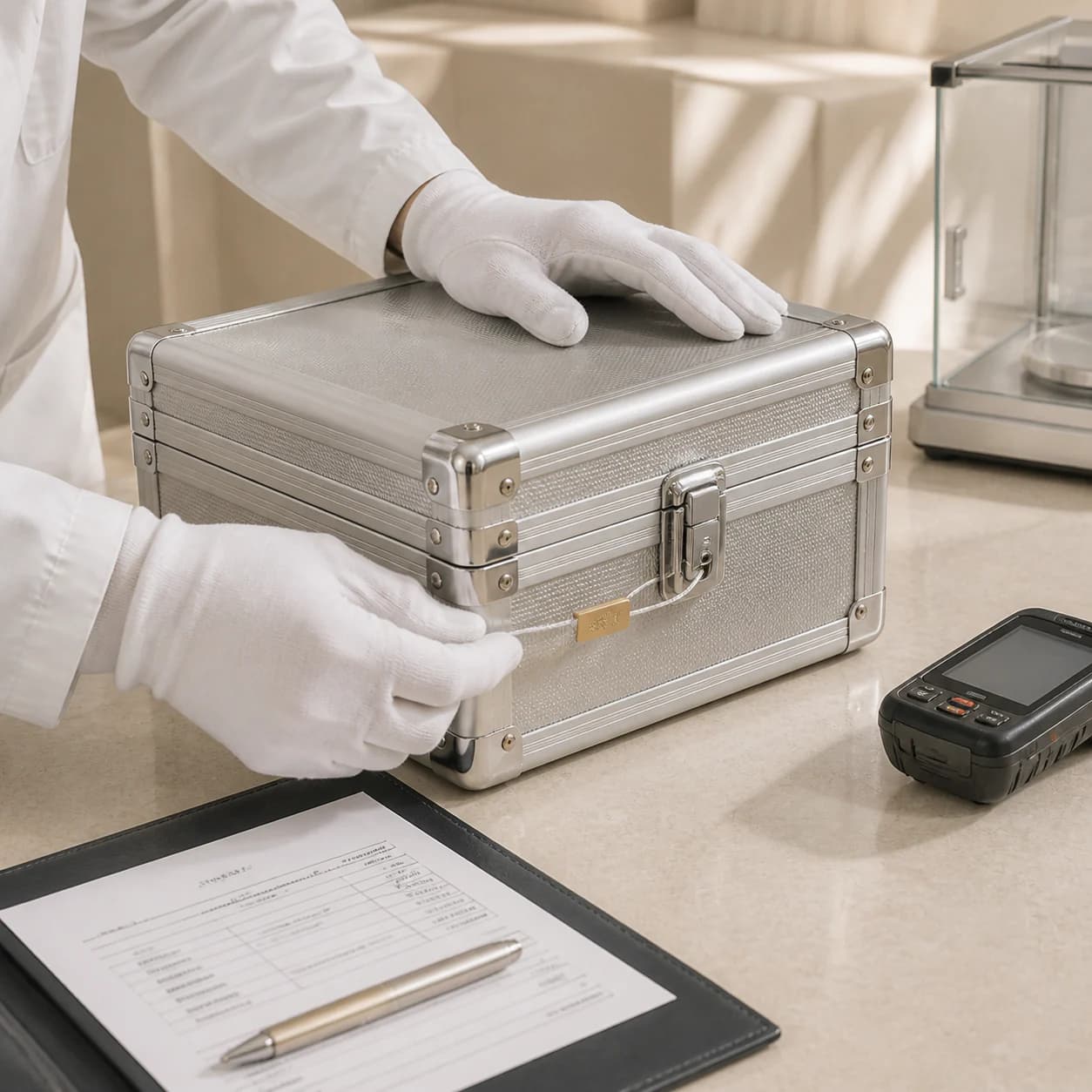 A sealed transport case being checked on an inspection table