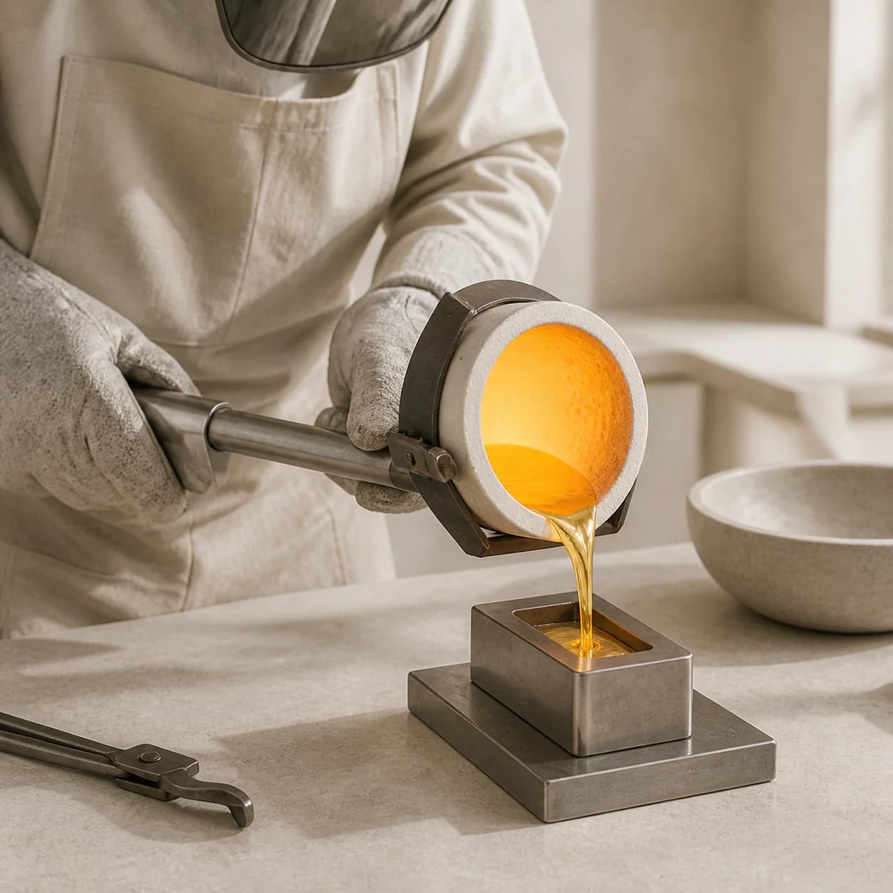 Molten precious metal being poured safely into a refinery mould